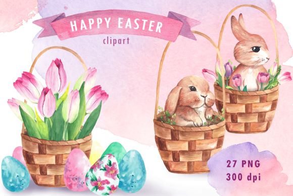 Download Watercolor Easter Bunny Basket Clipart - Basket Collection